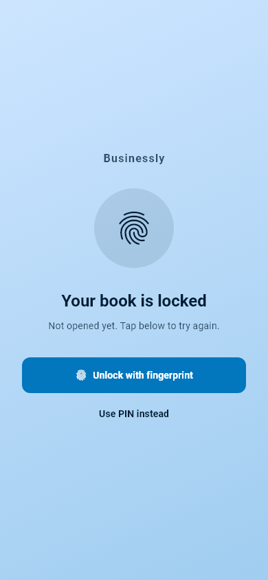 The locked screen — fingerprint first, with the PIN always one tap away