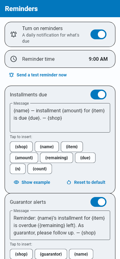 Reminder settings